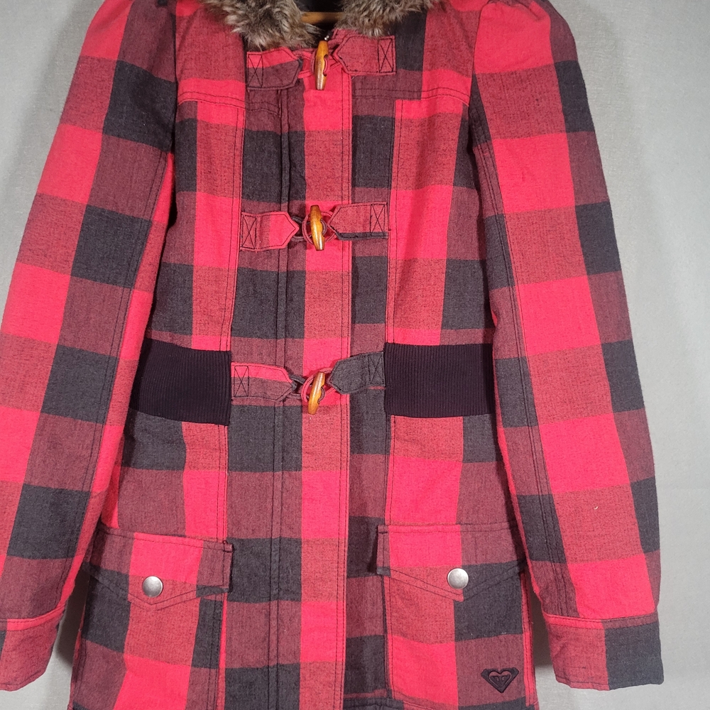 Roxy Peacoat Red Plaid Faux Fur Trimmed Hood Juniors XS